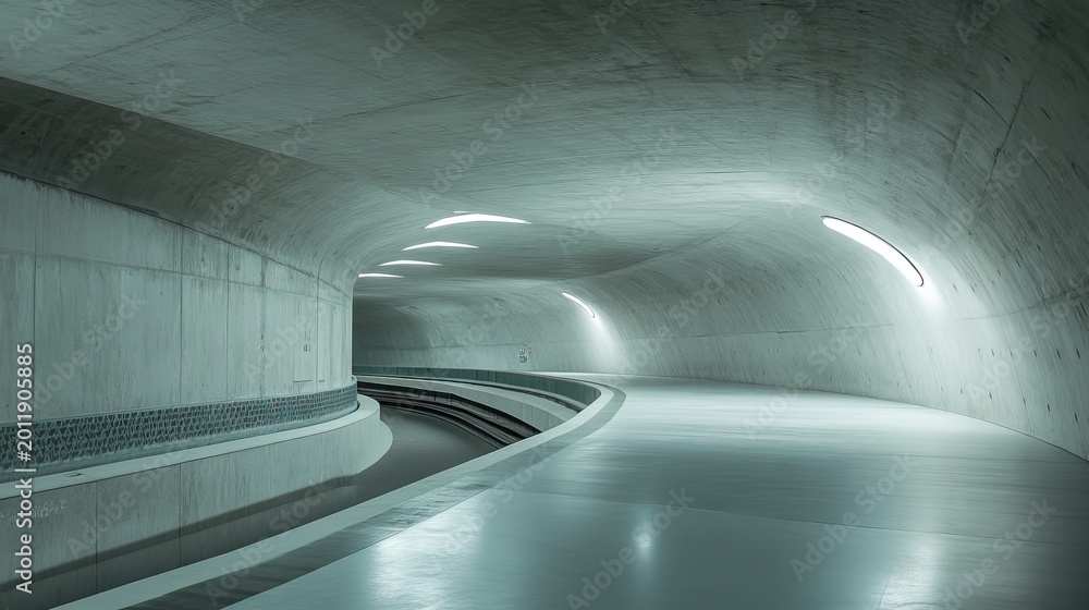 Fototapeta premium Concrete tunnel architecture with smooth curved walls and ceiling, featuring minimalist design elements and modern artificial lighting creating a futuristic aesthetic