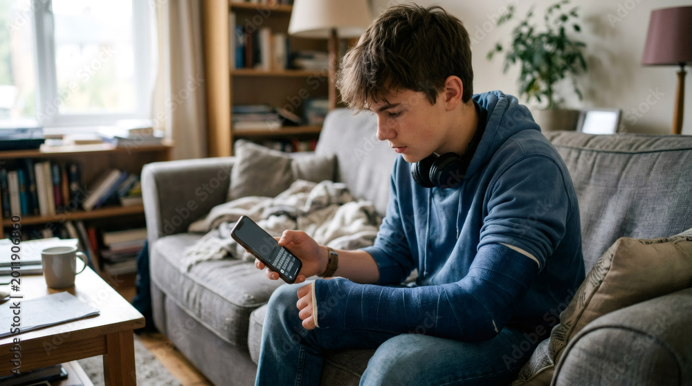 © logonv - Teenager boy with a blue cast on his arm using a smartphone while sitting on a couch. Injured student relaxing at home. Recovery, healthcare, medical treatment and leisure lifestyle concept.