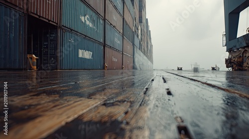 Industrial cargo ship deck reflecting the sky, transporting numerous stacked shipping containers on a large vessel, illustrating global freight and maritime business logistics