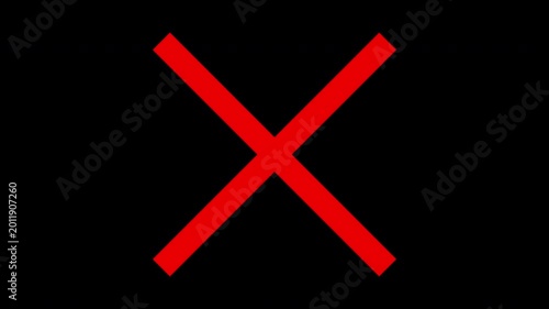 Red x mark animation on black background, for error notification, and rejection concept