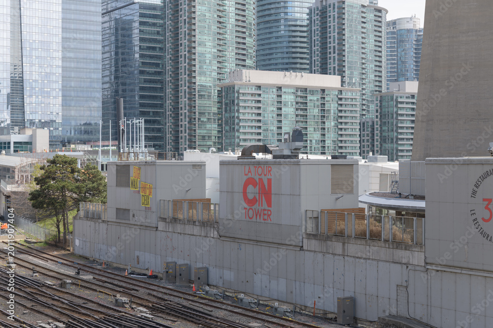 Naklejka premium CN Tower signs facing Union Station Rail Corridor, Toronto