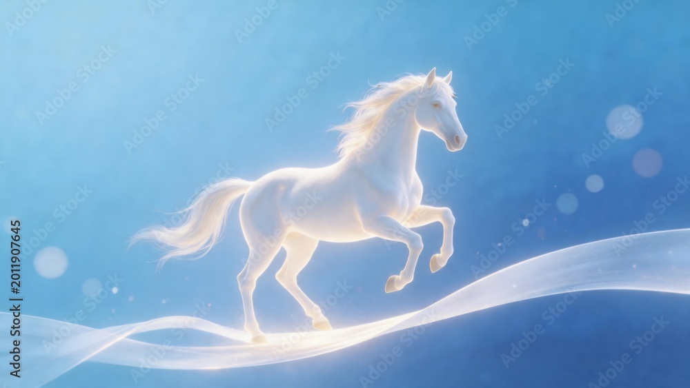 Fototapeta premium White horse galloping on a glowing path