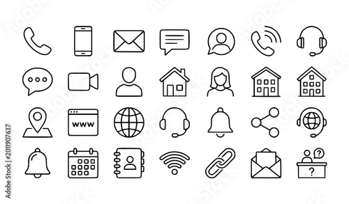 Obraz na płótnie Contact and communication line icon set with modern outline symbols for connect