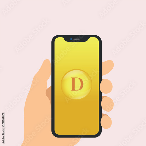 Hand holding smartphone with vitamin D capsule on screen for online pharmacy and health app concept