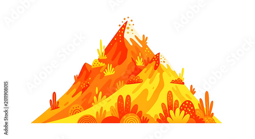 Vibrant of a stylized erupting volcano with lava flow and smoke eruption fire