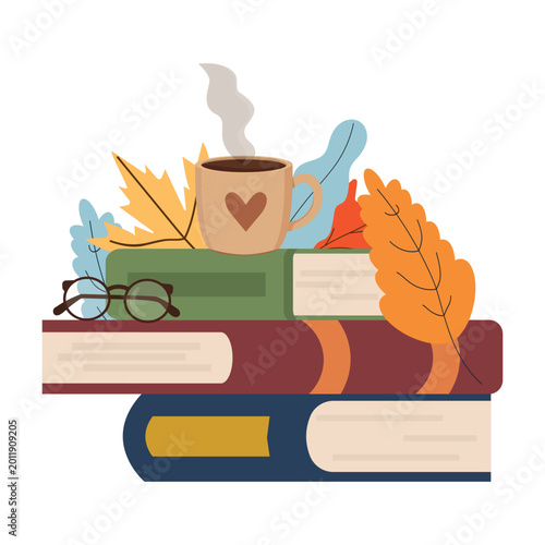 Photos Cozy Autumn Reading Scene with Books Coffee and Fall Leaves