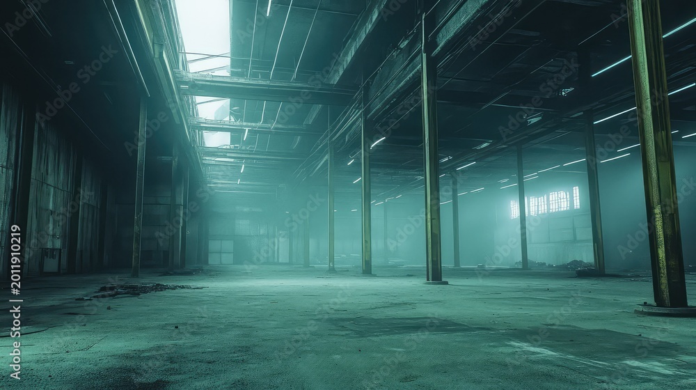 Fototapeta premium Derelict factory interior featuring a large open space with support pillars, concrete floor, and atmospheric mist, symbolizing urban decay, emptiness, and post apocalyptic settings