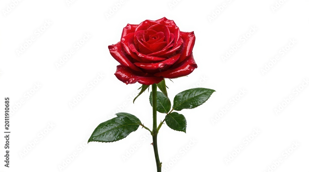 Fototapeta premium Vibrant red rose flower on long green stem, blooming scarlet rosebud with green leaves, elegant floral element isolated on white background