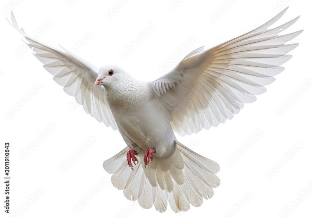 Fototapeta premium White dove flying with wings spread wide