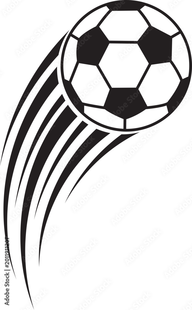 Fototapeta premium Soccer ball flying icon, football kick with motion trail symbol, goal and speed effects icon sign, sports tournament symbol, fast action game vector element isolated on transparent background