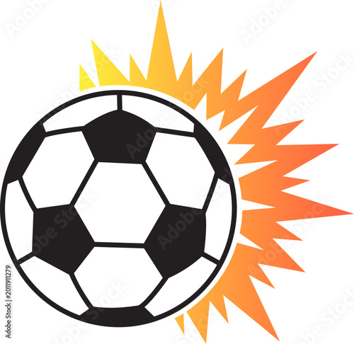 Soccer ball impact icon, football kick with explosive power effect, sports action symbol with speed burst, tournament game element vector graphic isolated on transparent background.