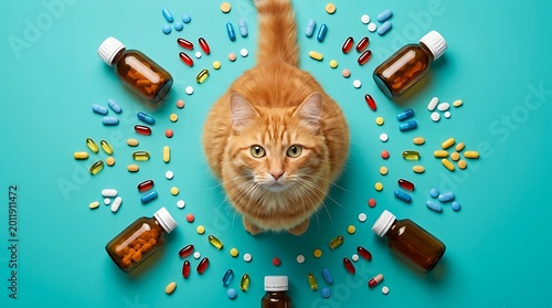 An adorable orange cat surrounded by pills and medicine bottles, creating a vibrant scene related to pet health care