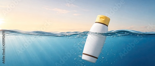 Sunscreen bottle floating in water during sunset near the ocean coast