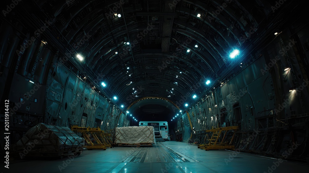 Fototapeta premium Palletized cargo being loaded into the interior of a large military transport aircraft, emphasizing global logistics, supply chain operations, and air freight during distribution
