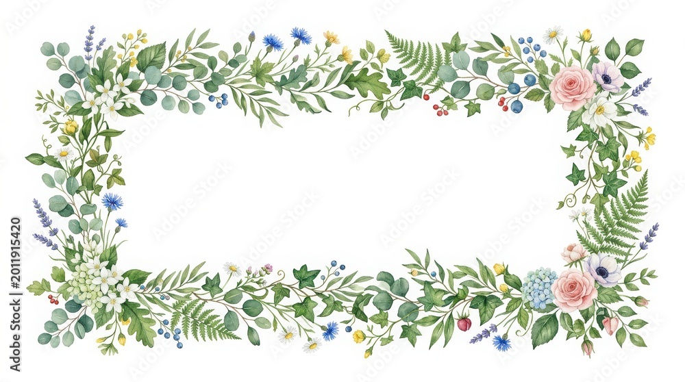 Fototapeta premium Watercolor floral frame with green leaves and wildflowers, botanical border for wedding invitations, elegant garden foliage illustration on white