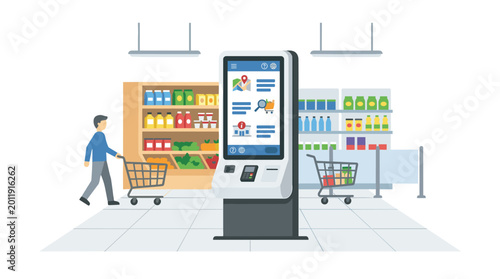 A digital information kiosk stands in a brightly lit modern supermarket aisle as a customer with a shopping cart walks past the interactive display screen interface.