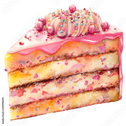Watercolor layered birthday cake slice isolated on transparent background