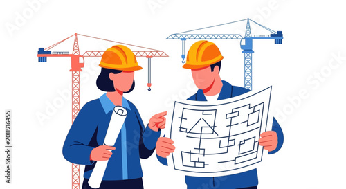 Two engineers discussing construction plans.