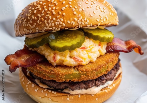 Gourmet burger with fried green tomato and pimento cheese