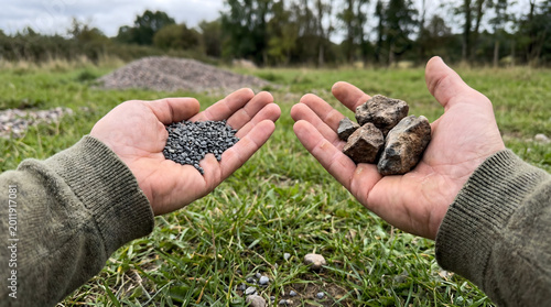 Hands holding crushed gravel aggregate and raw rock samples outdoors