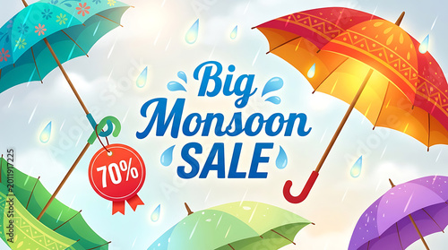 Big monsoon sale promotional banner with colorful umbrellas and rain
