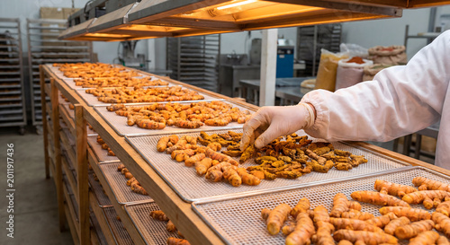 Worker sorting fresh turmeric rhizomes on drying trays in food processing facility