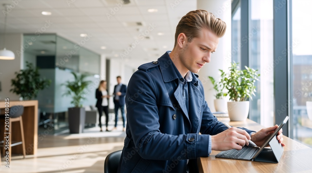 Fototapeta premium Young businessman working on a tablet with a stylus in a modern office. Focused male professional using digital device at a desk near a window. Co-working space concept