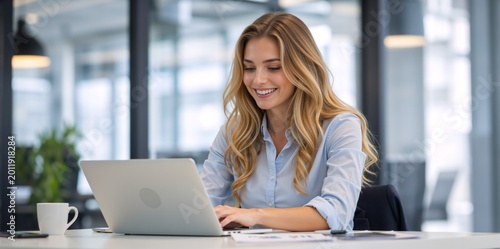 Professional young woman working on laptop in modern office. Smiling female employee typing at desk. Business and technology concept