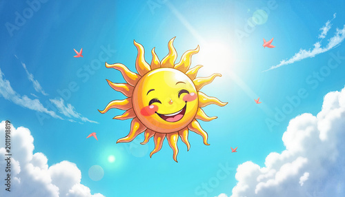 Cheerful smiling sun drawing in bright blue sky, joyful warmth