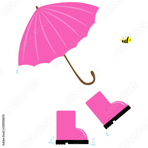 A pair of funny pink children s rubber boots with a pink umbrella, droplets, and a bee. Children s waterproof shoes. Vector illustration