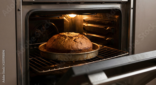 Freshly baked round bread loaf rising in an open electric oven