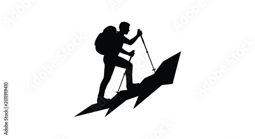 Fotografía Hiker with backpack and trekking poles ascending a mountain slope black silhouet