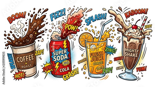 Comic Beverage Drink Elements Set,including coffee, soda, juice, and milkshake with bold outlines and splash effects