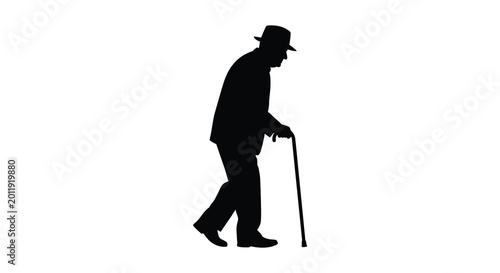 Bild auf Leinwand elderly man walking with cane in suit and hat black silhouette high quality prof