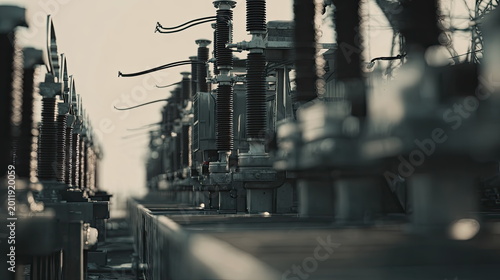 Electrical substation equipment with insulators and transformers facilitating energy transfer and distribution across a vast power grid, highlighting industrial infrastructure and technology