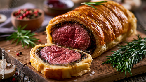 Beef wellington, classic steak dish on rustic wooden table

