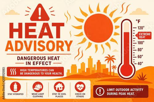 Extreme heat advisory infographic with safety tips and thermometer