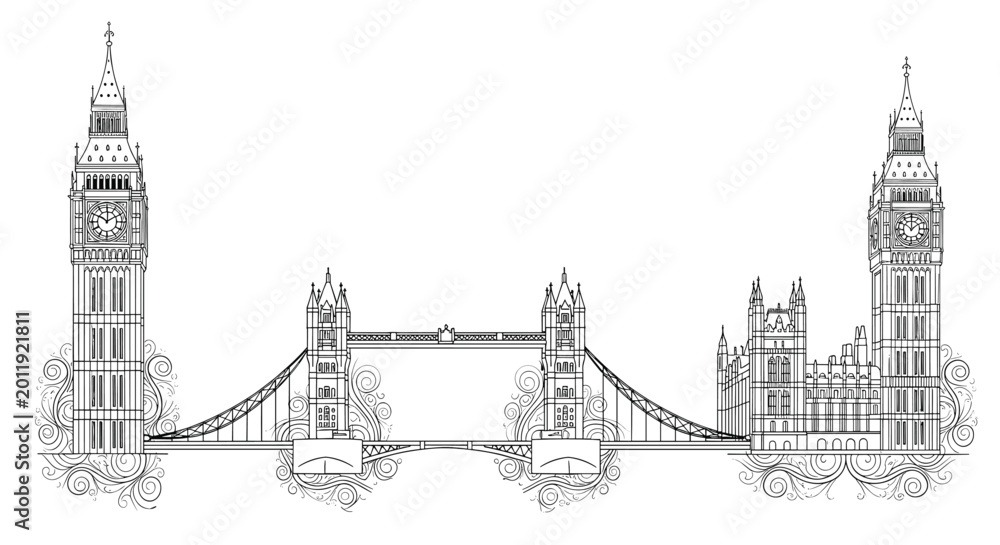 Obraz premium Detailed black and white line drawing of iconic London landmarks including Big Ben tower and Tower Bridge on white.