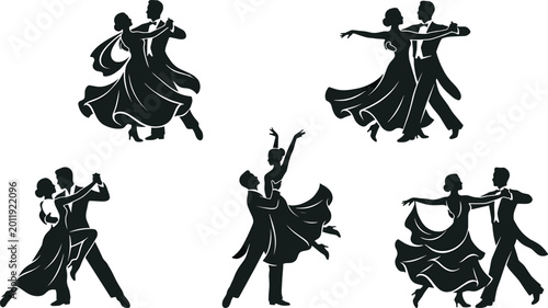 Schilderij op canvas Elegant Ballroom Dance Silhouette Collection Featuring Couples Performing Waltz,