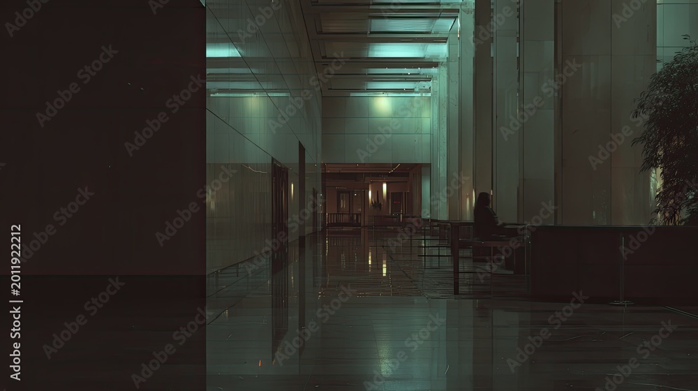 Obraz premium Modern office building lobby with sleek architecture and reflective floors, creating a sense of quiet solitude and contemporary design in the long, vacant hallway after hours