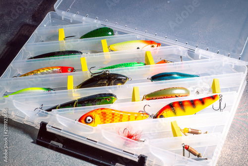 Konstfotografi Transparent fishing tackle box containing lures hooks bobber