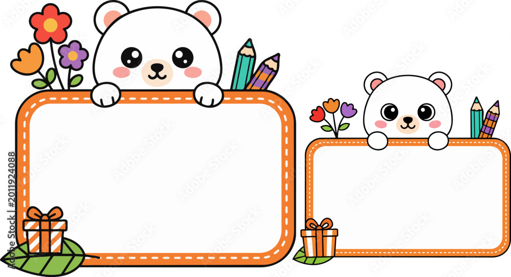 Fototapeta premium Kawaii polar bear frame set, cute animal border with blank space for text, school stationery vector with pencils and flowers for kids