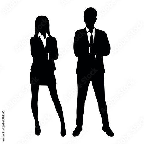 Professional business people silhouette, corporate man and woman in formal suits, confident office team standing with arms crossed, black vector figures