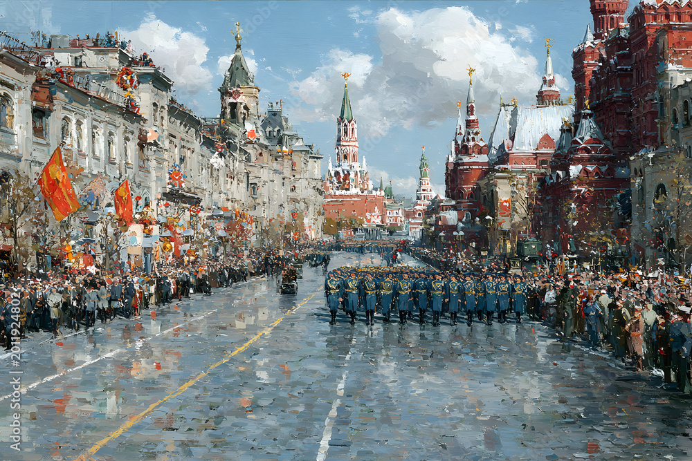 Fototapeta premium Large parade occurs in Moscow with marchers and spectators in the streets during a sunny day with clear sky and buildings in background