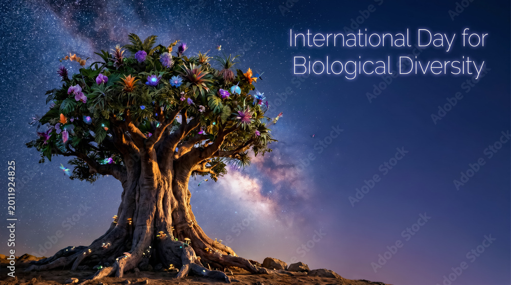 Fototapeta premium Postcard showing a magical flowering tree at night for International Day for Biological Diversity.