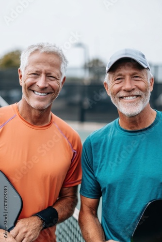 Happy senior men holding pickleball paddles on court smiling for active lifestyle fitness wellness and marketing materials
