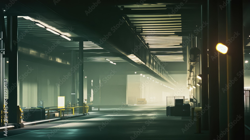 Fototapeta premium Industrial warehouse interior featuring an empty, vast space with a long corridor, creating a mysterious and eerie atmosphere with light rays cutting through fog