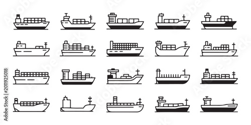 Fotografie Set of Solid and Filled Icons Representing Cargo Ships and Maritime Transport Ve