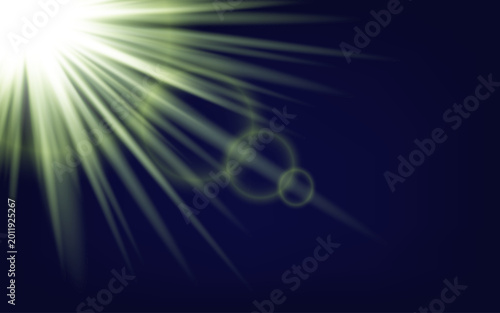 Bright sun star flare effect with glowing light rays on a dark blue night sky background