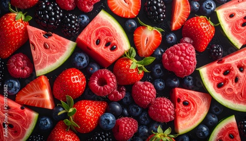 Array of strawberries, watermelon, raspberries, blueberries, and blackberries